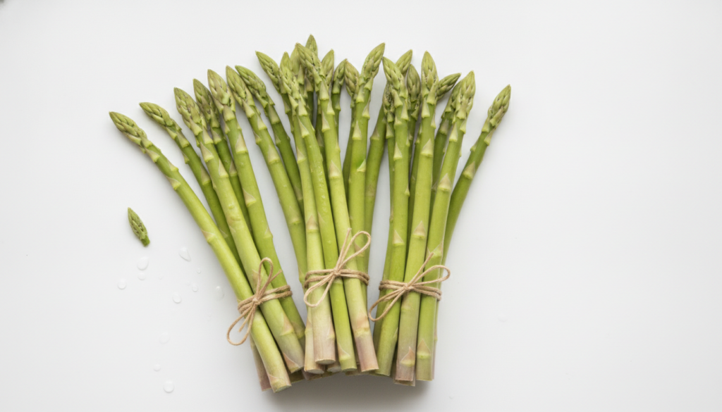 Bundles of fresh green asparagus spears on a white background