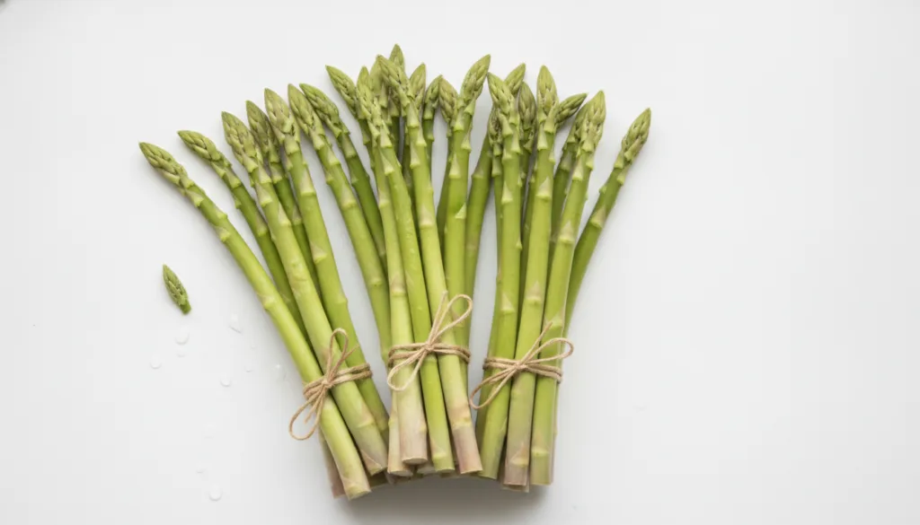 Bundles of fresh green asparagus spears on a white background