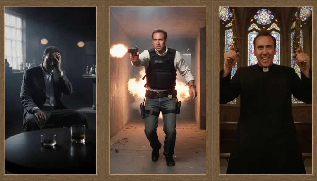 Compilation of Nicolas Cage s iconic movie roles showing him in diverse outfits from action movies like The Rock and Fac