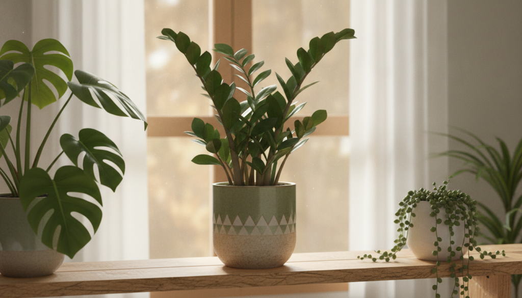 A happy thriving ZZ plant with glossy dark green leaves in a stylish ceramic pot sitting on a wooden shelf next to other