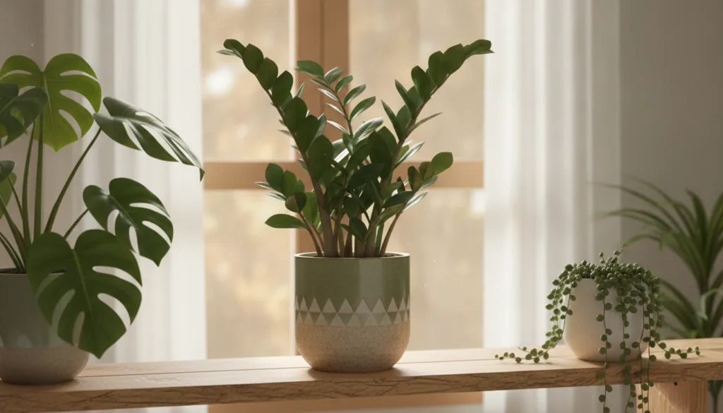 A happy thriving ZZ plant with glossy dark green leaves in a stylish ceramic pot sitting on a wooden shelf next to other