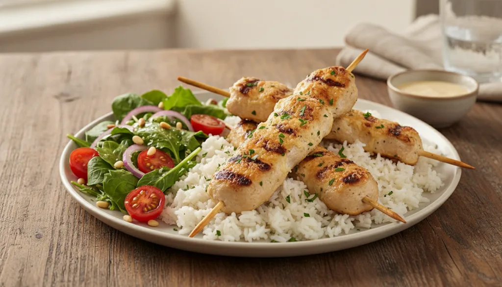 A complete meal featuring garlic parmesan chicken skewers served with fluffy white rice and a fresh green salad