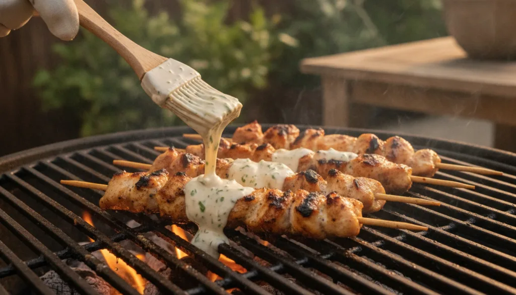 Grilled chicken skewers being brushed with creamy garlic parmesan sauce on a hot grill