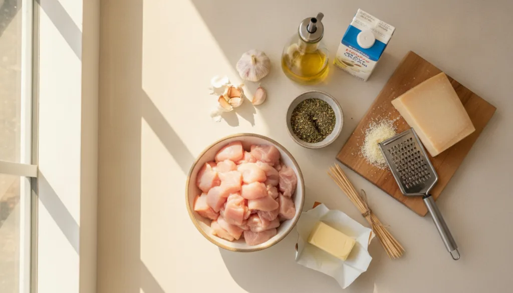 All the ingredients for garlic parmesan chicken skewers laid out on a kitchen counter chicken cubes garlic herbs olive o