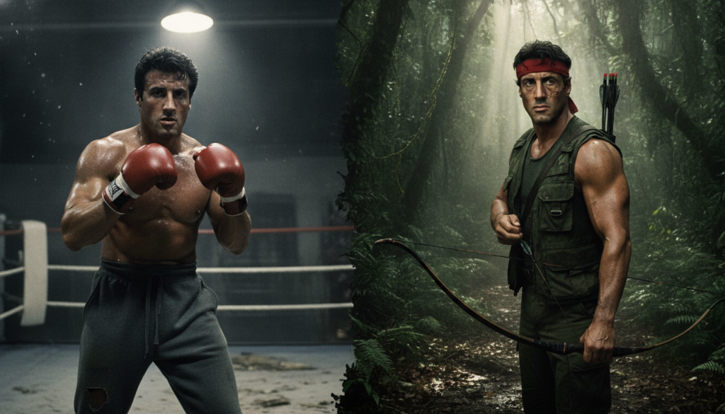A split image showing Sylvester Stallone as Rocky Balboa in a boxing ring and as John Rambo in a jungle setting highligh