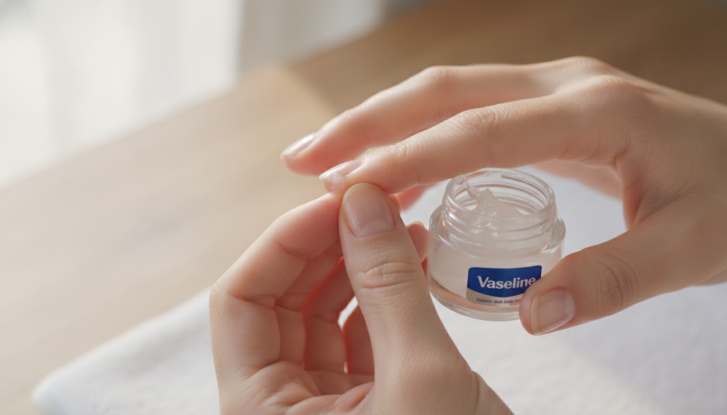 Someone applying Vaseline to their cuticles showing healthy moisturized nails