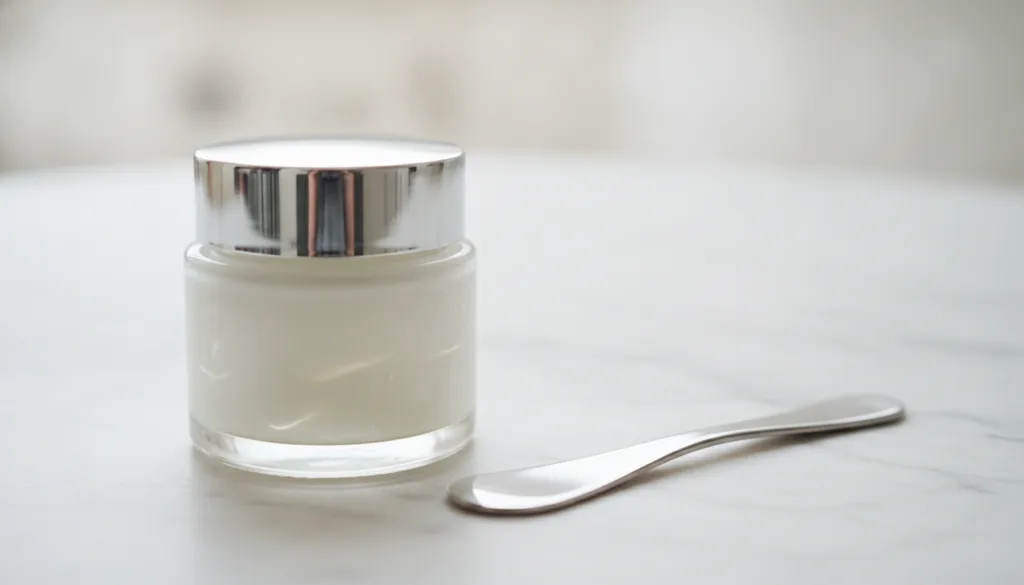A close-up of a small clean jar filled with the freshly made DIY collagen cream showing its smooth slightly translucent 