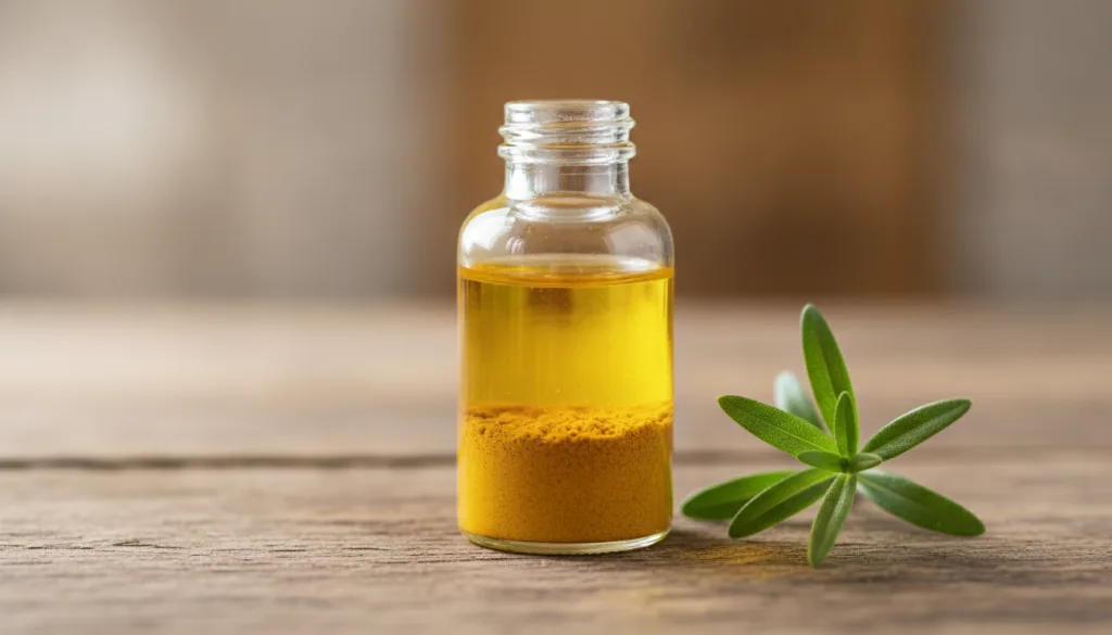 A small glass bottle with a golden-yellow oil mixture and turmeric powder settled at the bottom on a wooden surface with