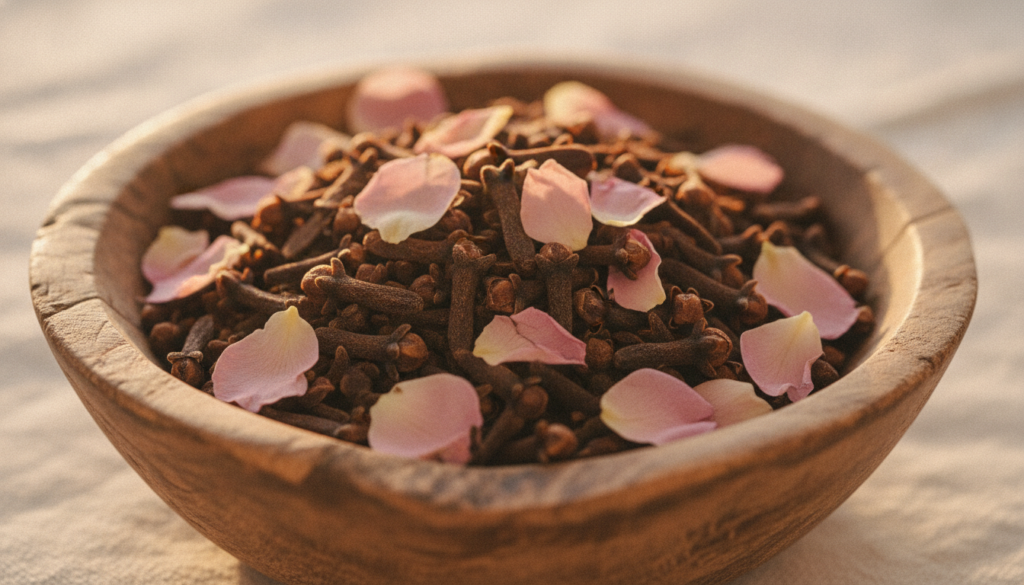 Close-up of dried cloves and rose petals in a small bowl with a gentle glowing light on a soft background