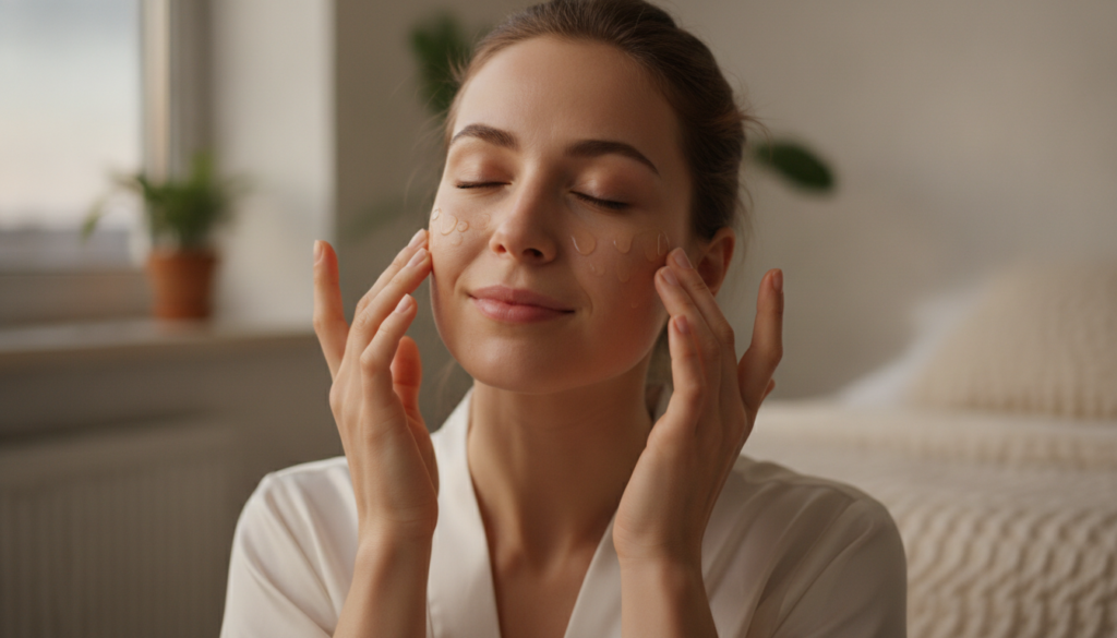 A woman gently massaging a few drops of oil onto her face and neck in a warm natural light setting