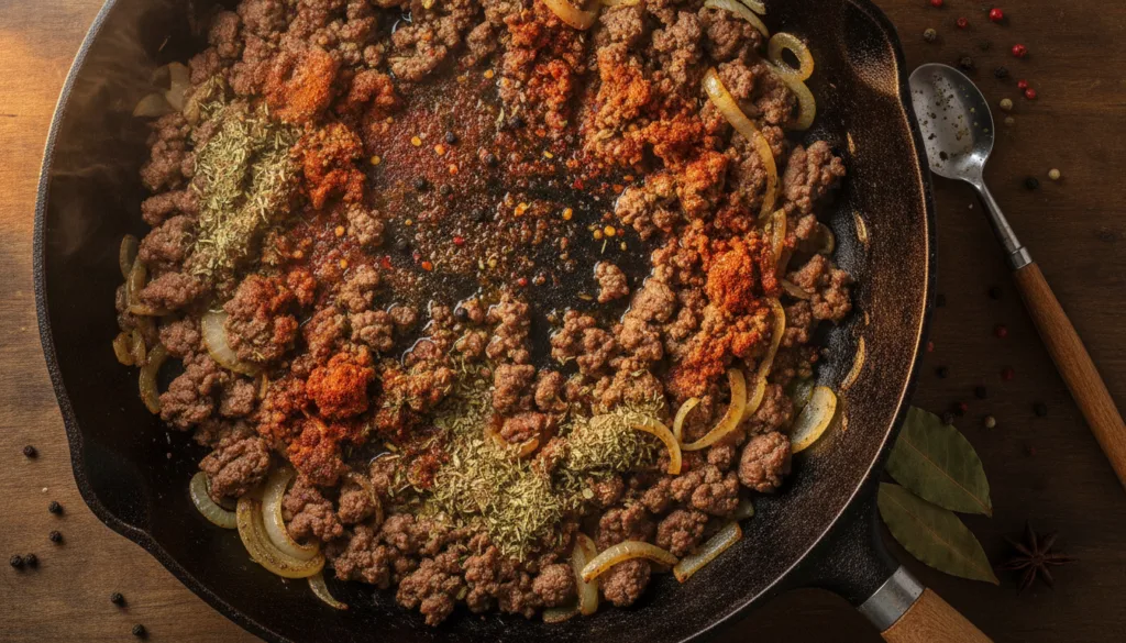 Ground beef and onion mixture simmering in a skillet with spices