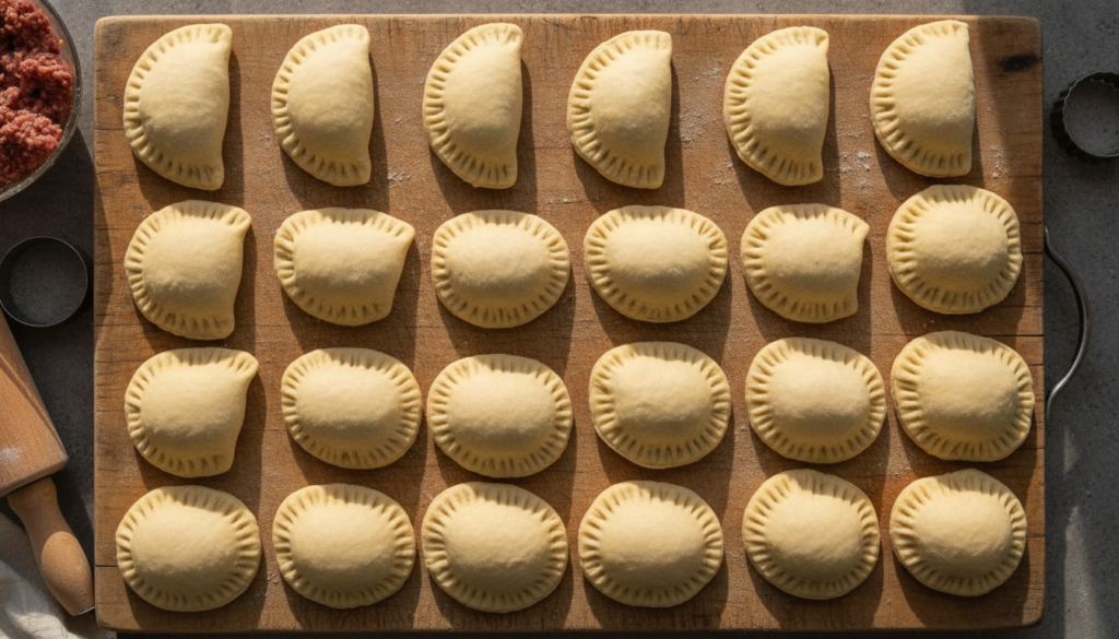 Assembled empanadas with crimped edges ready for frying