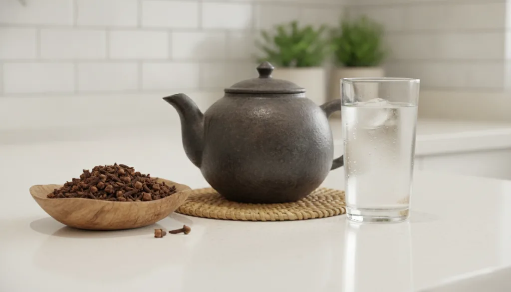 Ingredients for clove tea laid out a small bowl of whole cloves a teapot and a glass of water on a clean kitchen counter