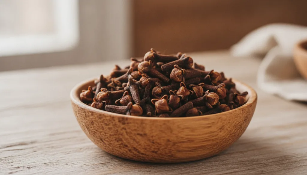Close-up shot of dried whole cloves showing their distinctive shape and dark brown color perhaps in a small wooden bowl 