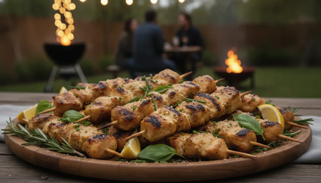 Grilled chicken skewers arranged beautifully on a serving platter