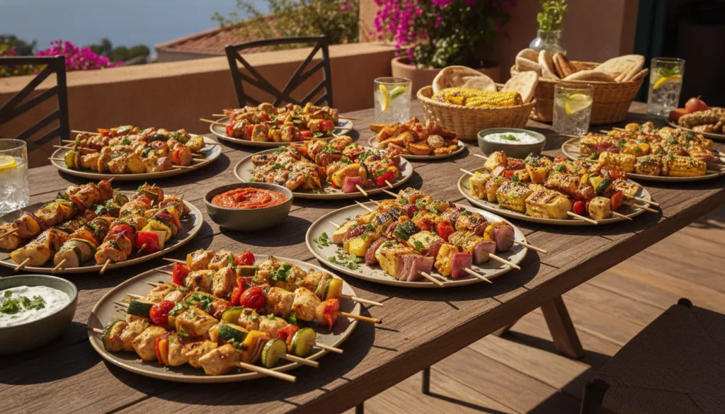 A variety of grilled skewers showing different ingredients like vegetables and chicken on a vibrant summer table