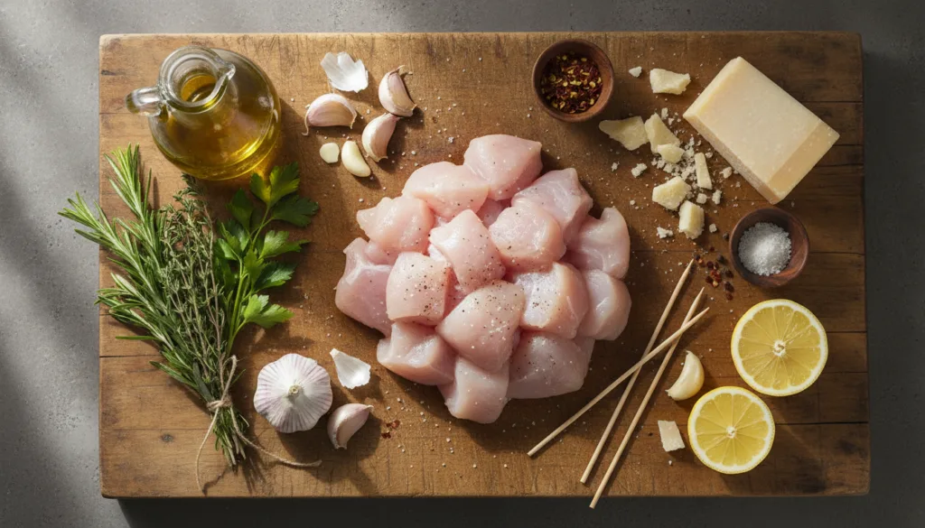 All the ingredients for garlic parmesan chicken skewers laid out on a wooden cutting board