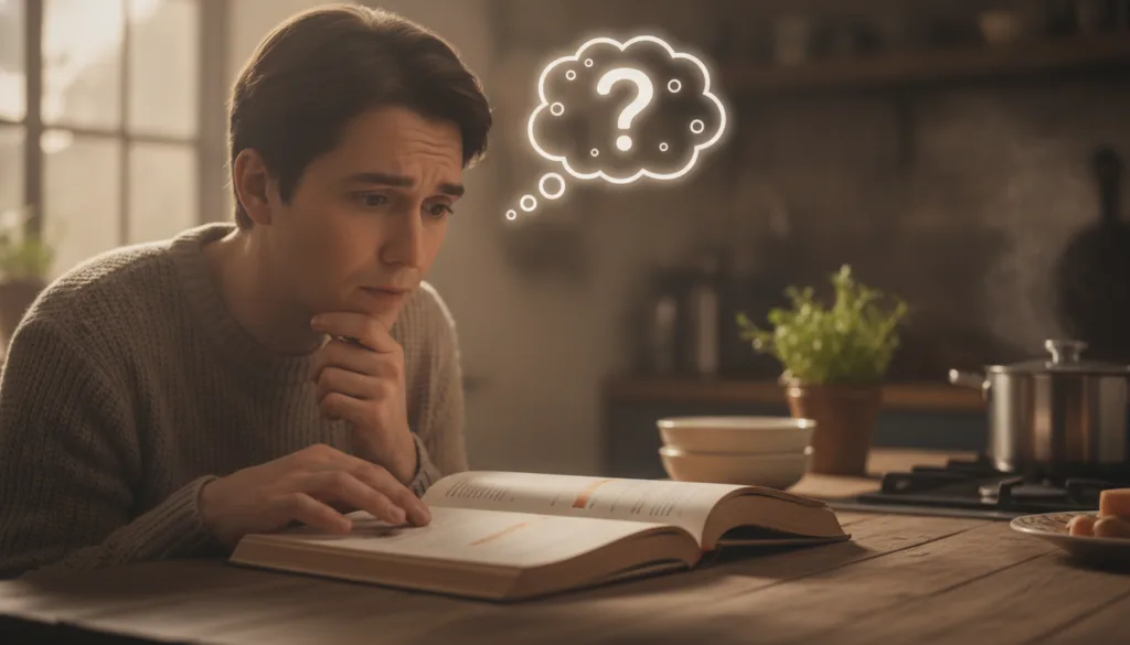 Someone asking a question about a recipe with a thought bubble above their head