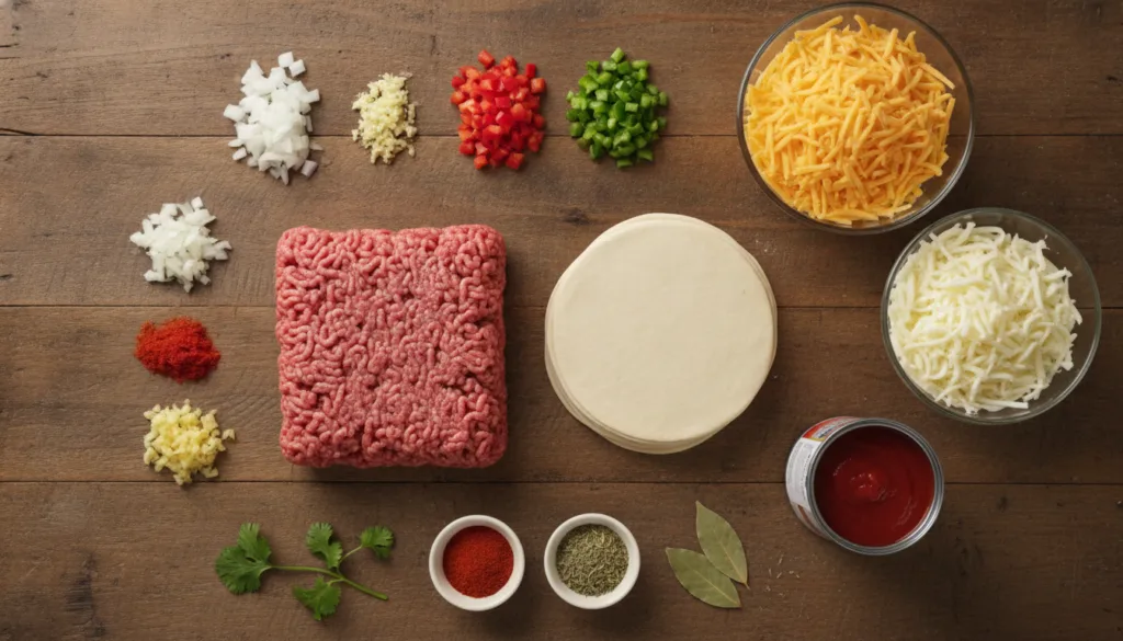 A flat lay of all the fresh ingredients needed for cheesy beef empanadas on a rustic wooden table ground beef empanada d