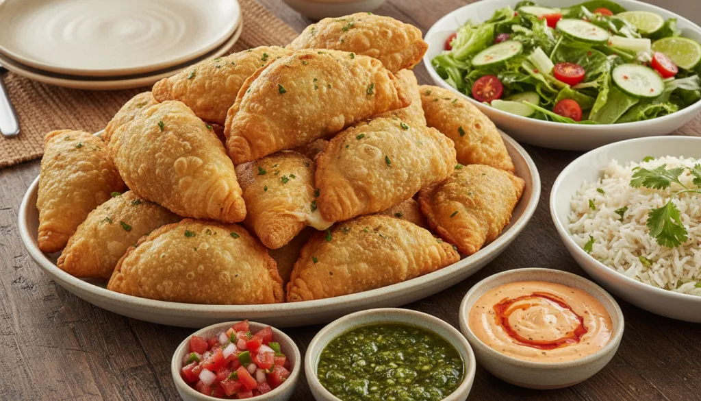 A platter of golden-fried cheesy beef empanadas served with several dipping sauces like chimichurri a spicy aioli and a