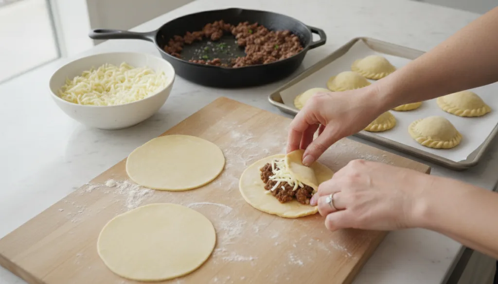 A kitchen scene with various stages of empanada preparation cooked beef filling in a pan shredded cheese in a bowl empan