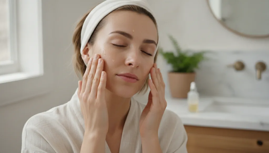 A woman gently massaging a few drops of facial oil onto her face focusing on her cheeks and forehead Her skin looks heal