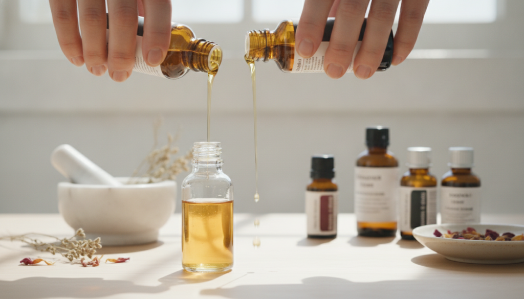 A close-up of hands pouring various natural oils into a small glass dropper bottle with essential oil bottles in the bac