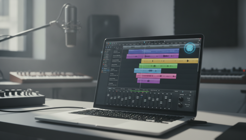 A digital audio workstation DAW interface on a laptop screen showing music tracks being manipulated with a subtle overla