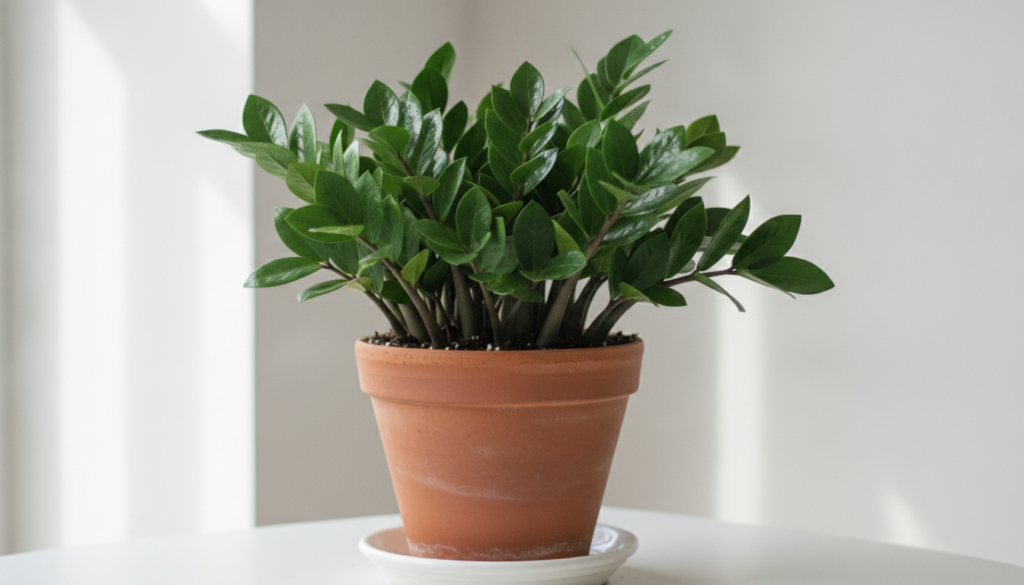 A healthy thriving ZZ plant with glossy dark green leaves in a simple terracotta pot on a clean background