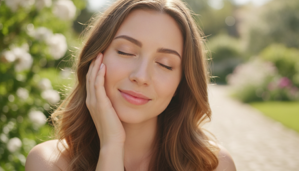 A woman with glowing clear and healthy skin gently touching her cheek smiling softly implying youthful and radiant resul