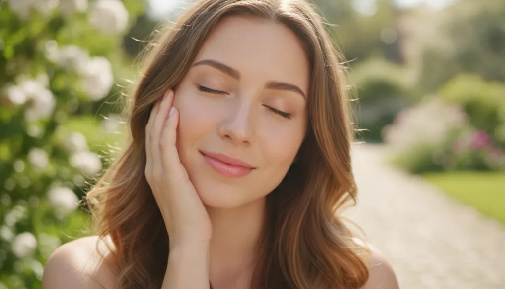 A woman with glowing clear and healthy skin gently touching her cheek smiling softly implying youthful and radiant resul