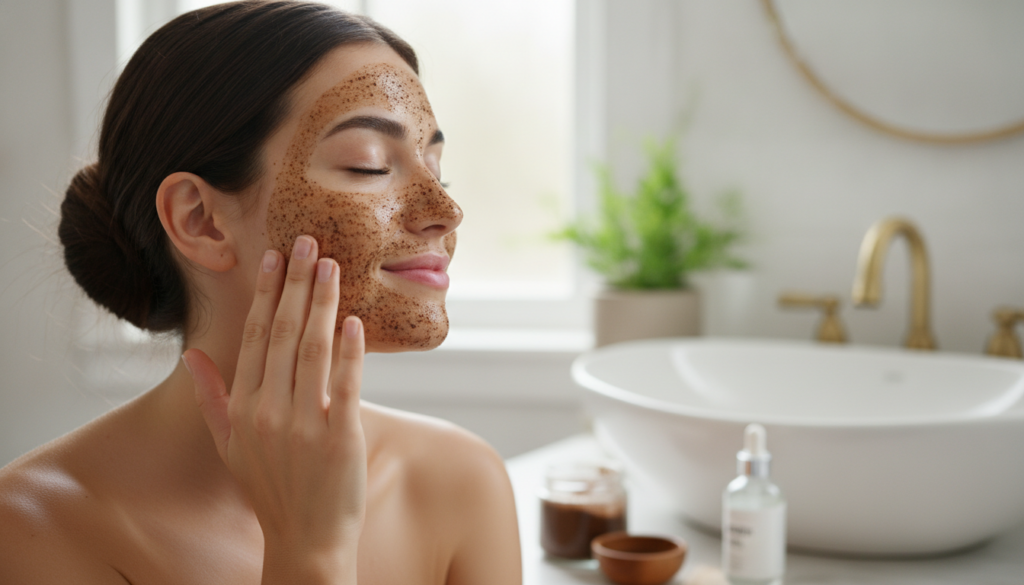 A woman gently applying a coffee and baby oil mask to her cheek with her fingertips demonstrating the application proces