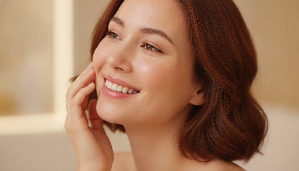 A woman smiling and touching her smooth radiant face after using a beauty treatment with a soft glowing complexion