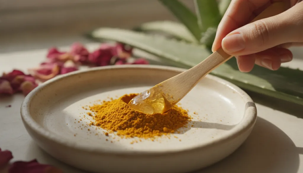 Hands gently mixing a small amount of turmeric powder into a dollop of Vaseline on a ceramic dish with other natural ing