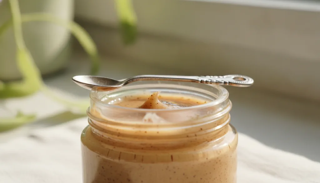 A close-up of a small open glass jar containing a homemade eye cream made from Vaseline and finely ground coffee A tiny 