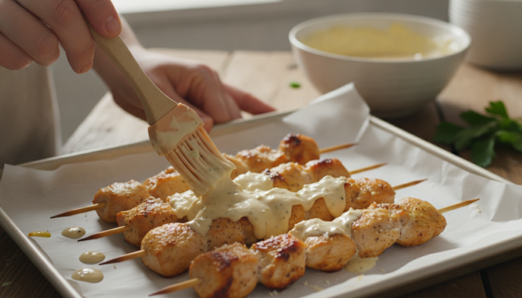Hands brushing the freshly made garlic parmesan sauce onto hot cooked chicken skewers on a baking sheet with a pastry br