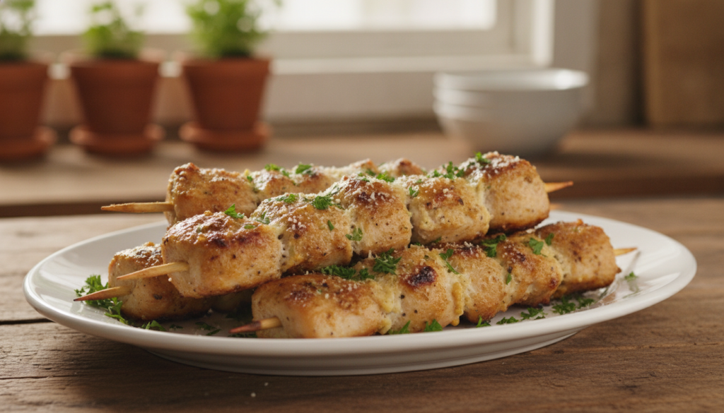 A close-up shot of several cooked Garlic Parmesan Chicken Skewers on a white platter garnished with chopped fresh parsle