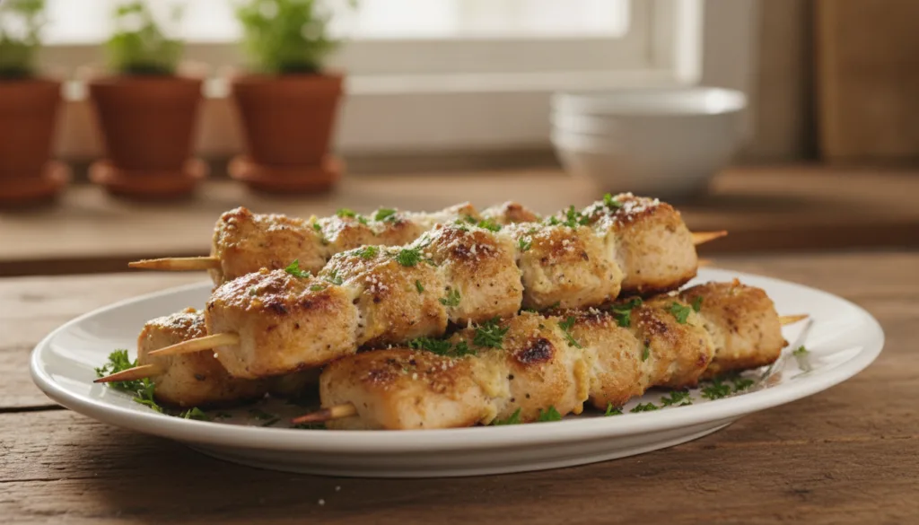 A close-up shot of several cooked Garlic Parmesan Chicken Skewers on a white platter garnished with chopped fresh parsle