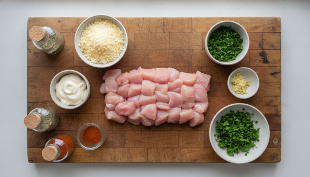 All the fresh ingredients for Garlic Parmesan Chicken Skewers laid out on a wooden cutting board cubed chicken bowls of 