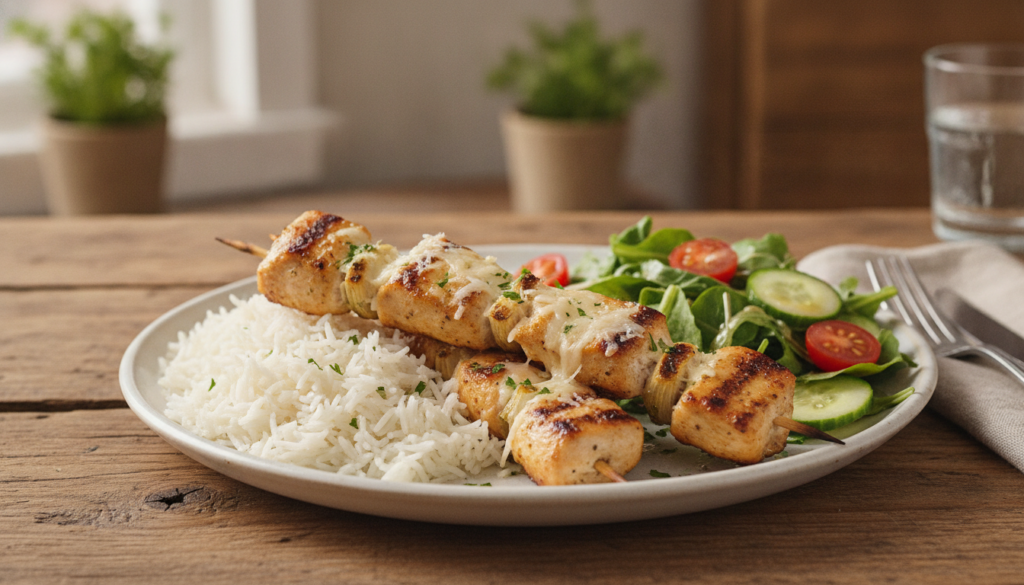 A complete meal of Garlic Parmesan Chicken Skewers served alongside a vibrant green salad and a scoop of fluffy white ri