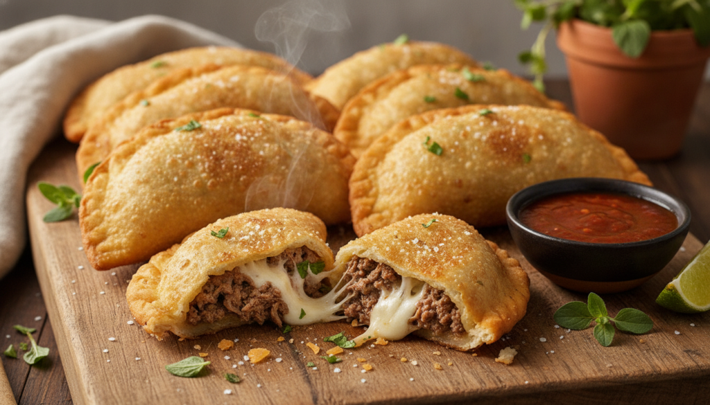 A plate of golden brown freshly fried ground beef empanadas with one cut open to show the savory beef and melted cheese 