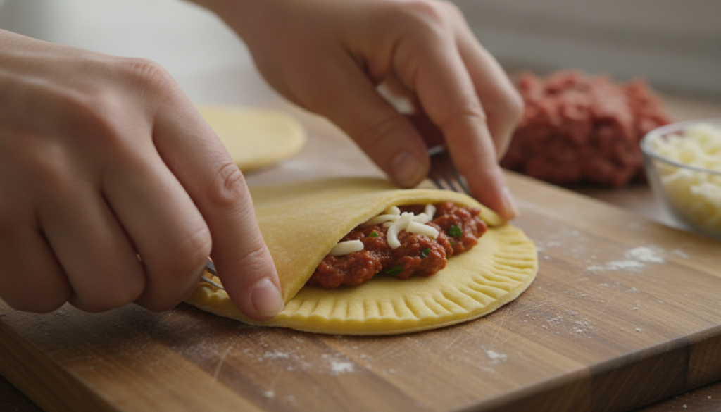 A home cook is in the process of sealing an empanada with a fork showing the filling and cheese inside before frying
