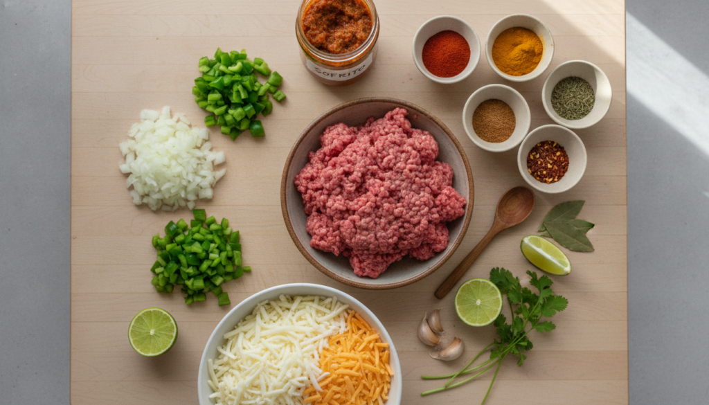 All the fresh ingredients and spices for ground beef empanadas laid out on a kitchen counter ground beef diced onion bel