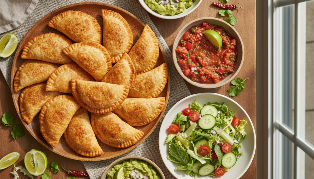 A spread of ground beef empanadas served with small bowls of dipping sauces like salsa and guacamole alongside a simple 