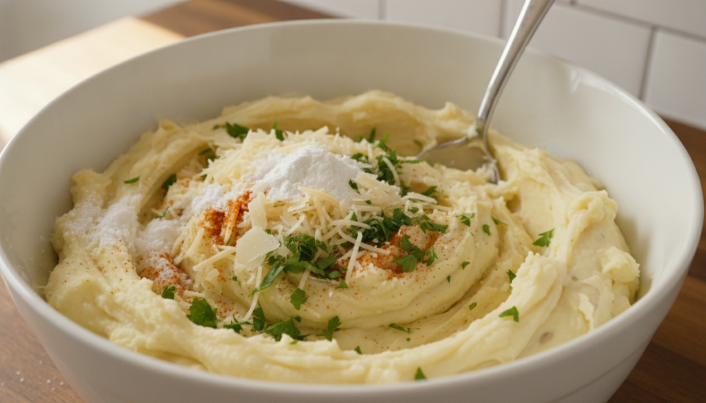 Close-up of mashed potatoes in a bowl with cornstarch parmesan cheese parsley garlic powder and smoked paprika being mix
