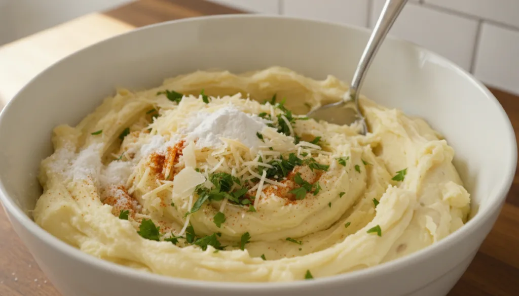 Close-up of mashed potatoes in a bowl with cornstarch parmesan cheese parsley garlic powder and smoked paprika being mix