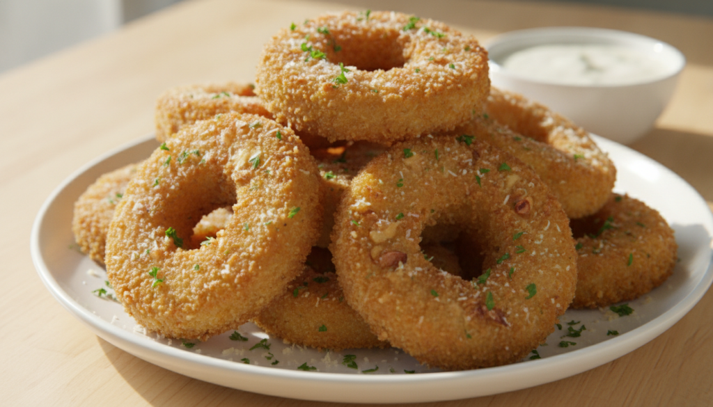 Crispy golden garlic parmesan potato rings piled on a white surface with green parsley and grated parmesan with a small 