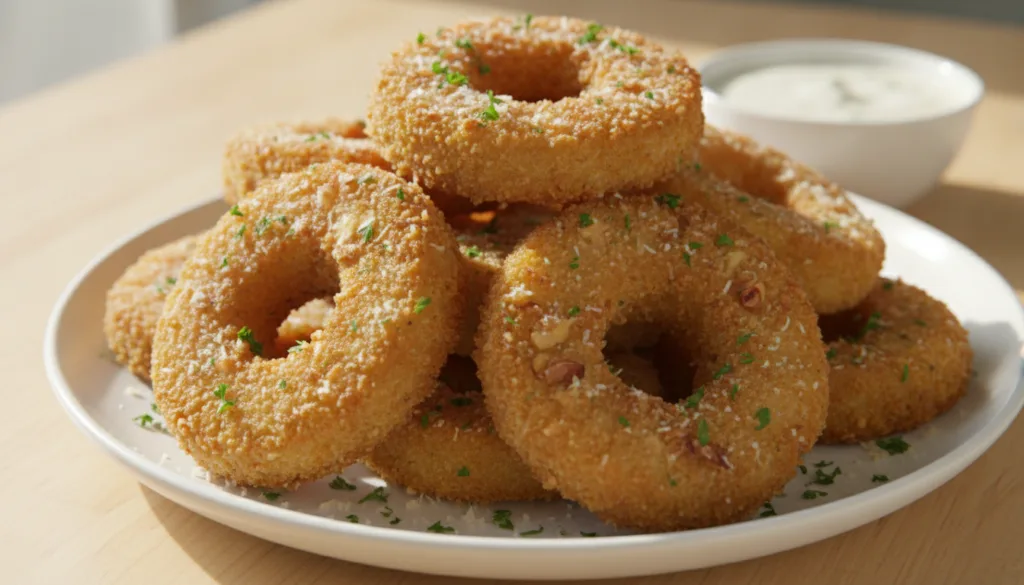 Crispy golden garlic parmesan potato rings piled on a white surface with green parsley and grated parmesan with a small 