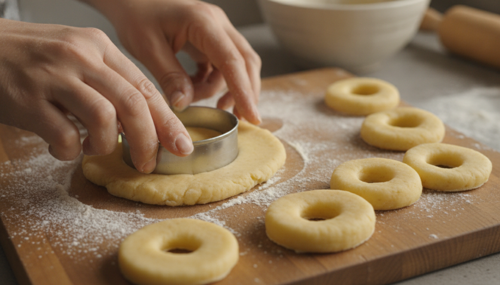 Hands shaping potato dough into rings using biscuit cutters on a floured surface