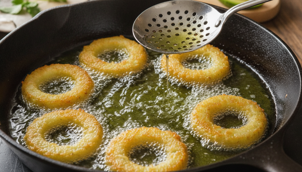 Golden crispy potato rings frying in hot oil in a deep skillet or Dutch oven with a slotted spoon ready to retrieve them